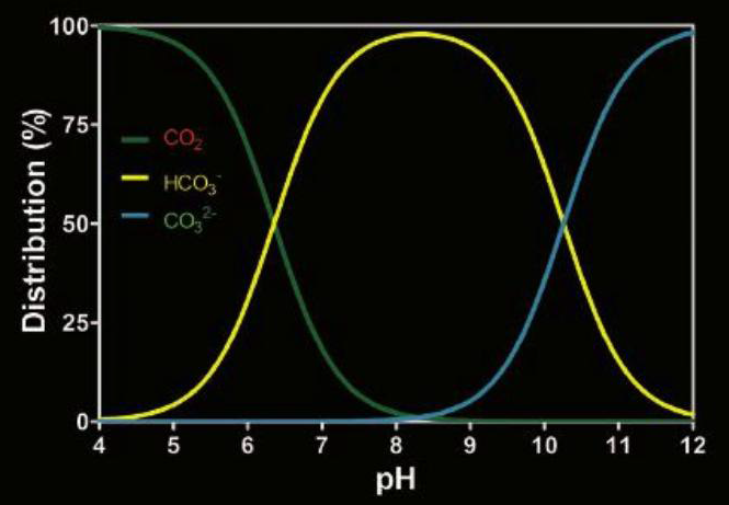 Grafik 2: Düşük ph’da inorganik karbonların çoğu CO2 olarak bulunuyor. Bikarbonatlar nötr ph’da ağır basarken, yüksek pH’da karbonatlar ağır basıyor. Bu grafikleri aklınıza kazımanıza gerek yok. Birçok başarılı bitki üreticisi süreçteki bu kompleks kimyayı tam olarak anlamadan CO2 dozajını yapabiliyor.